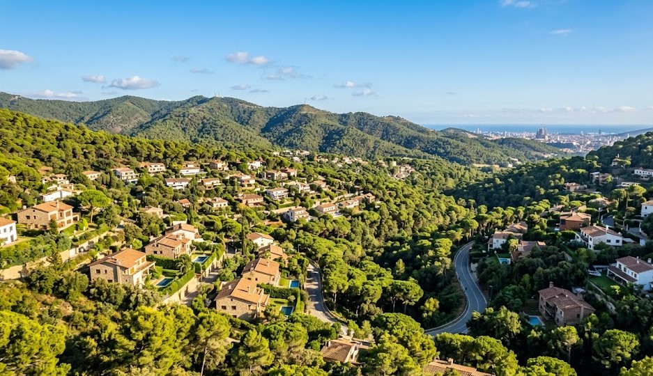 Vista de las casas y el entorno boscoso en La Floresta, Collserola